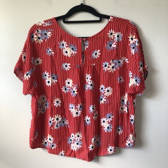 Madewell Top Womens XS Floral Stripe Cropped Boxy Oversized Keyhole Back Boho - Picture 4 of 10